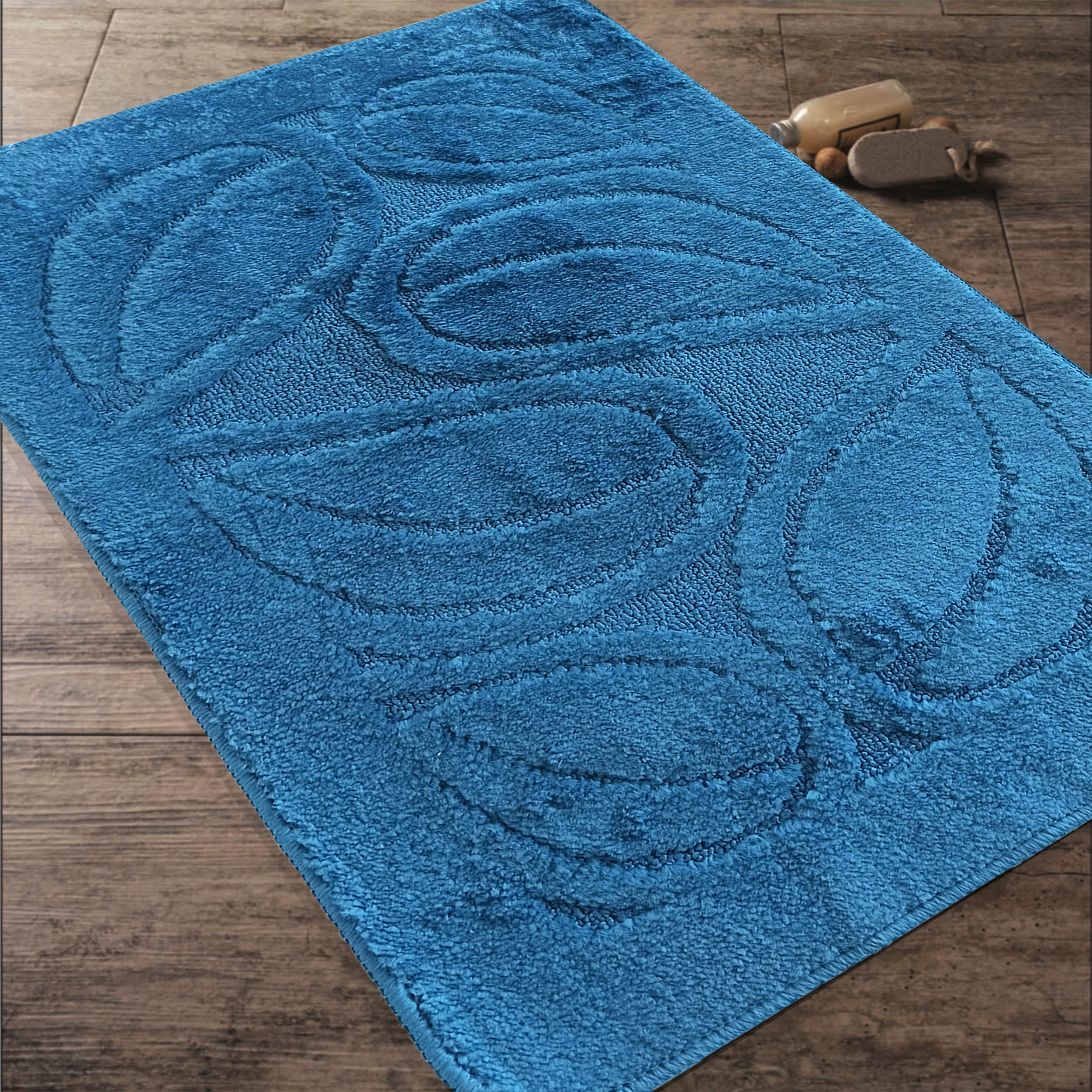 Komplet Dywaników Łazienkowych Montana Flora - Niebieski Pod WC Antypoślizgowy