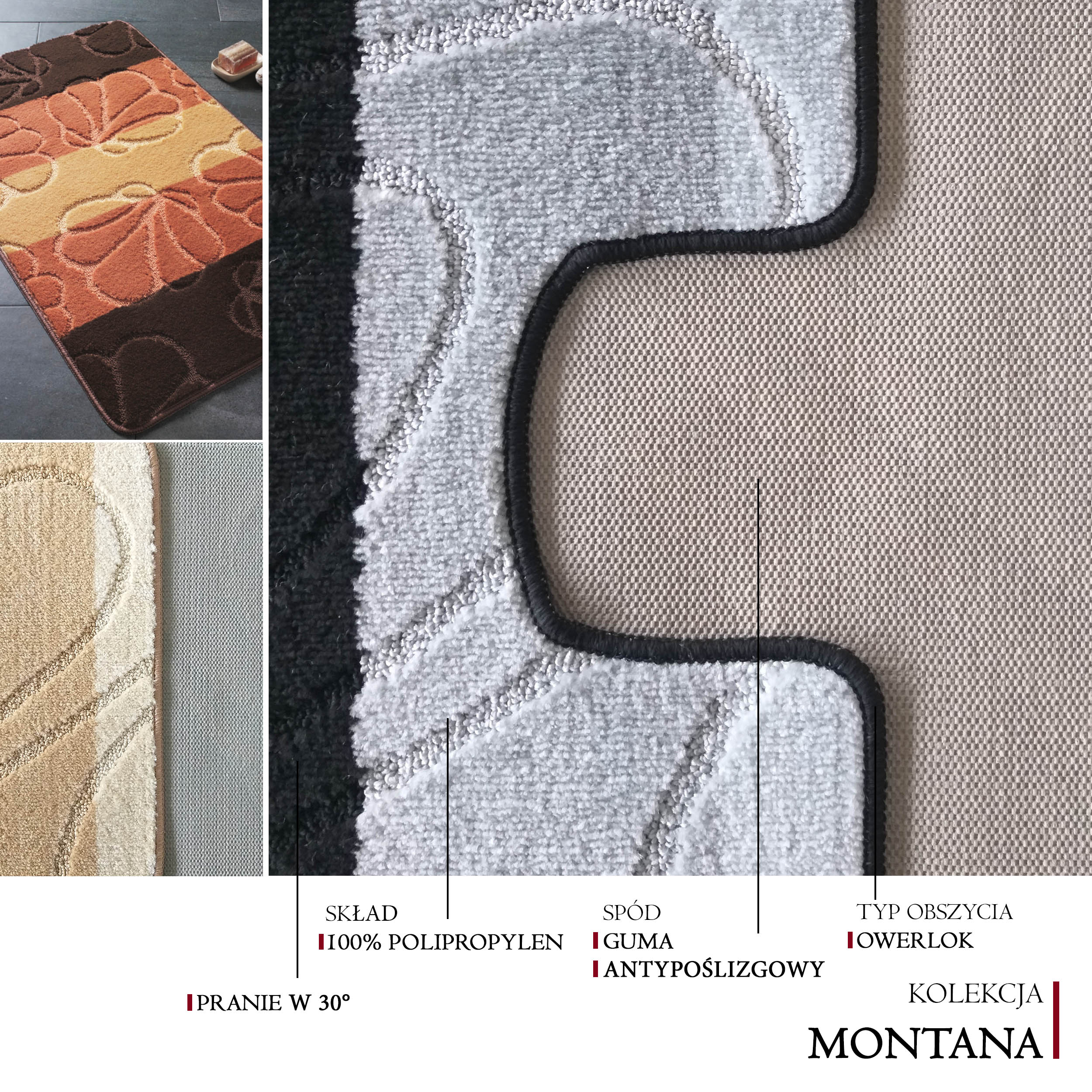 Komplet Dywaników Łazienkowych Montana Maritime - Bordowy Pod WC Antypoślizgowy